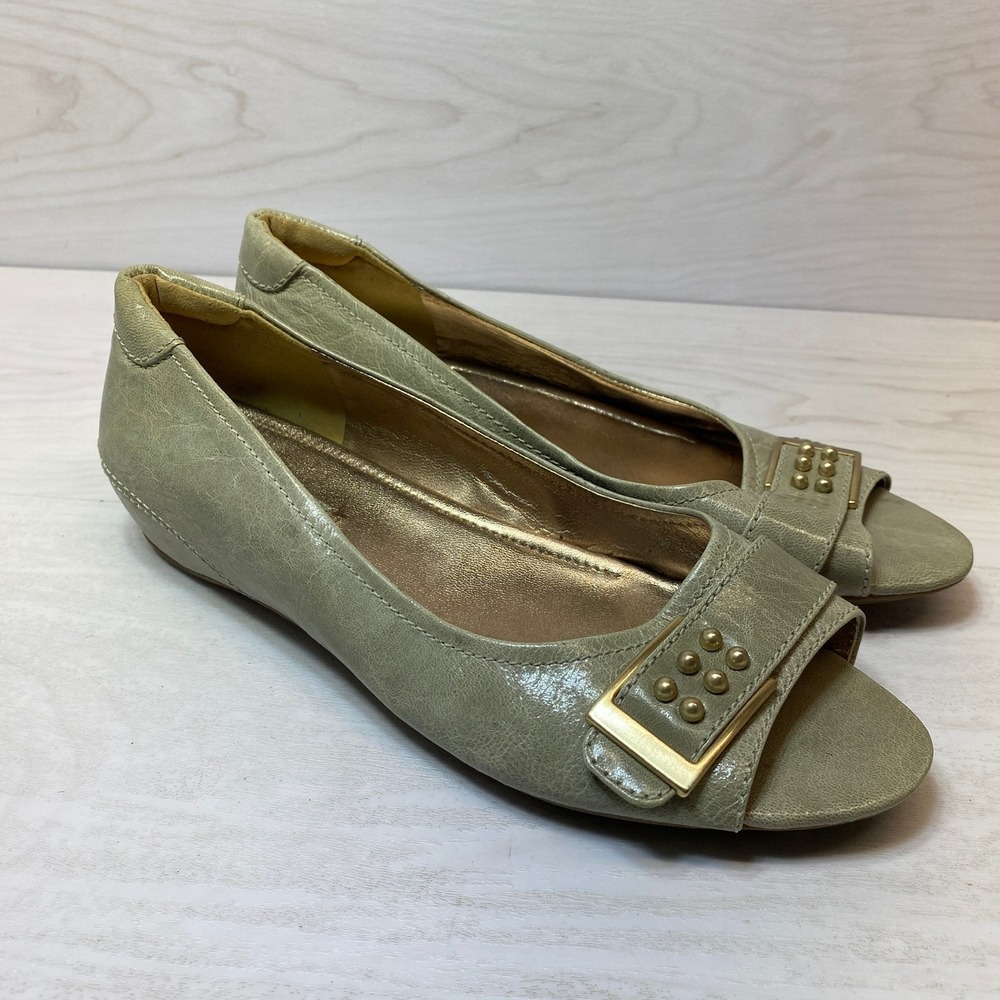 ECCO Womens 9 40 Peep Toe Flat Studded Buckle Sage Metallic Leather Comfort